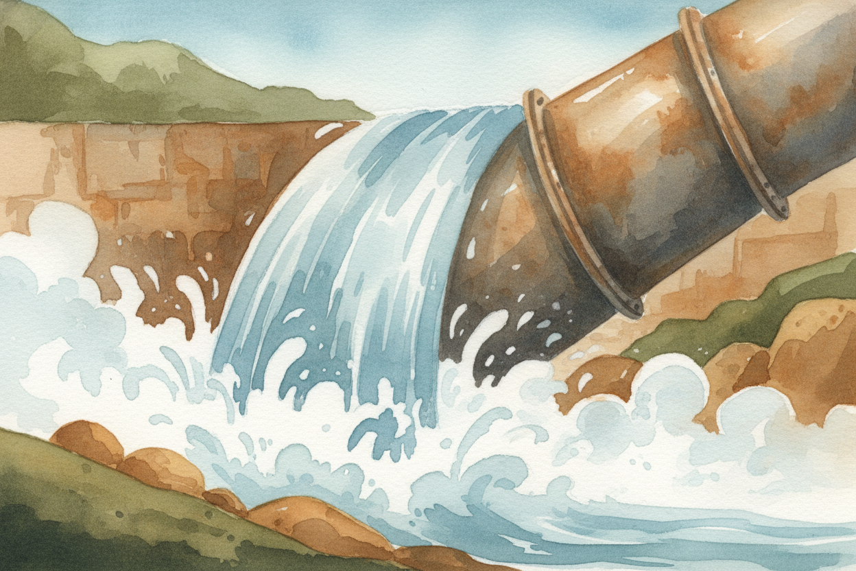 When we're ready for electricity, we open a gate. Water blasts through a huge pipe called a ++penstock++, racing downwar