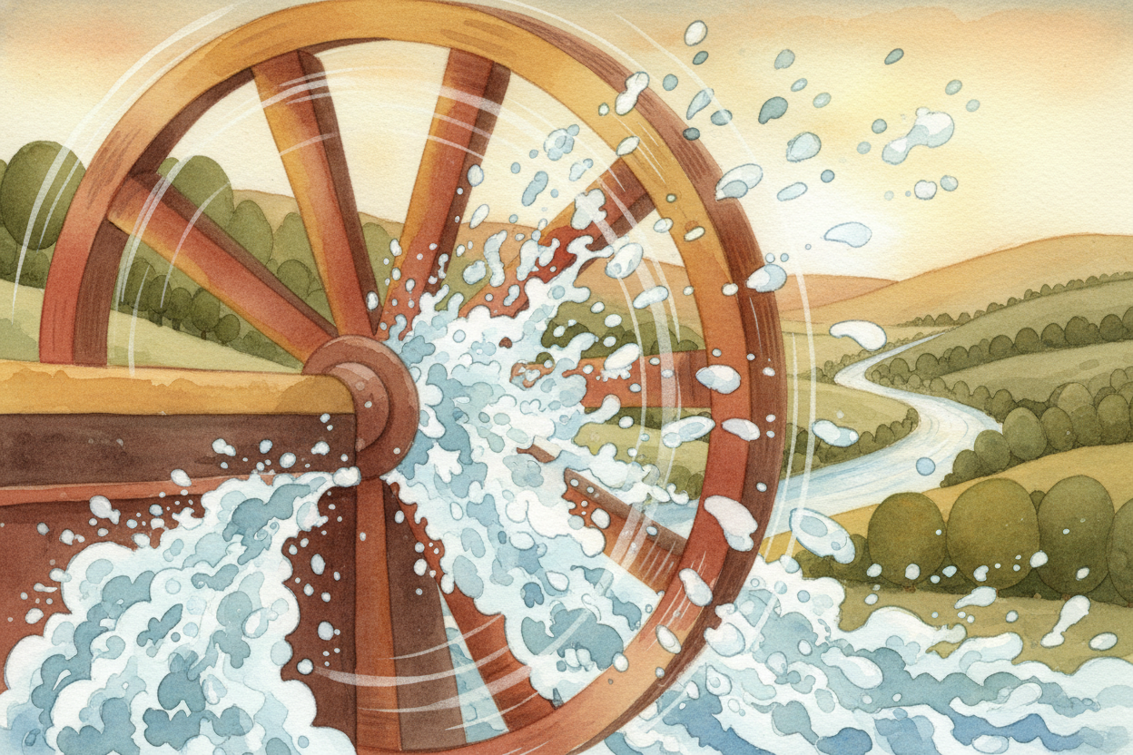 At the bottom of the penstock, the water slams into a ++turbine++ — a wheel with curved blades, **like a pinwheel made o
