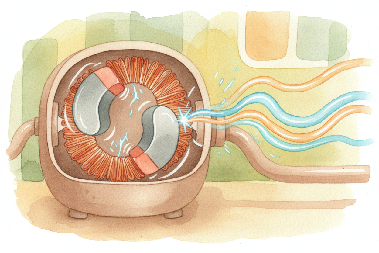 The spinning turbine is connected to a ++generator++ — a machine wrapped in coils of copper wire and surrounded by power