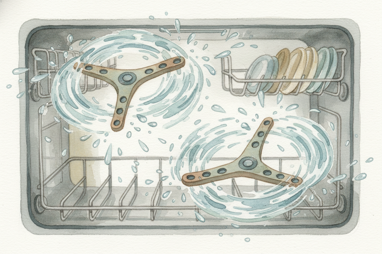 ~~Now here's the clever part.~~ That pump doesn't just fill the tub — it shoots the water UP through spinning arms. Thes