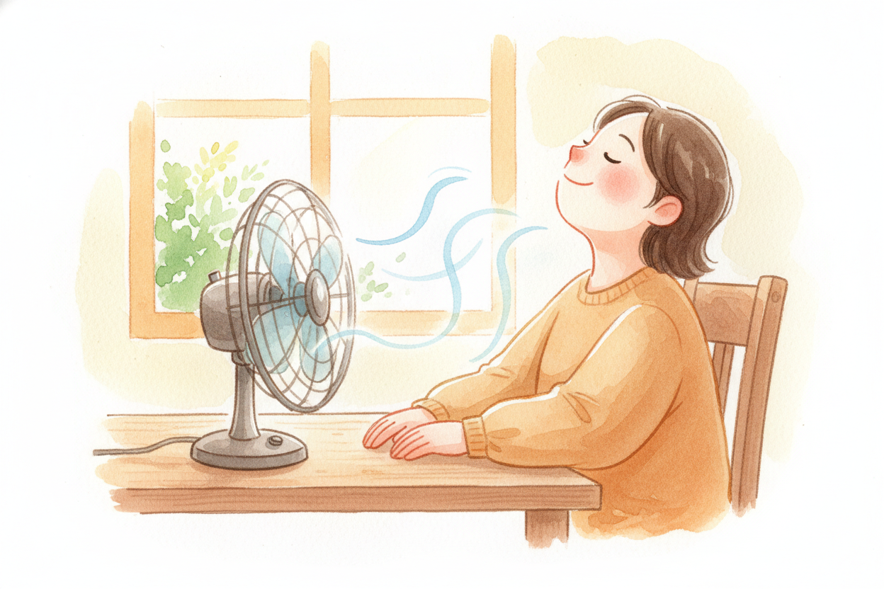 So the fan doesn't make cold air — it makes your body's own cooling system work better. It's you doing the cooling. The 
