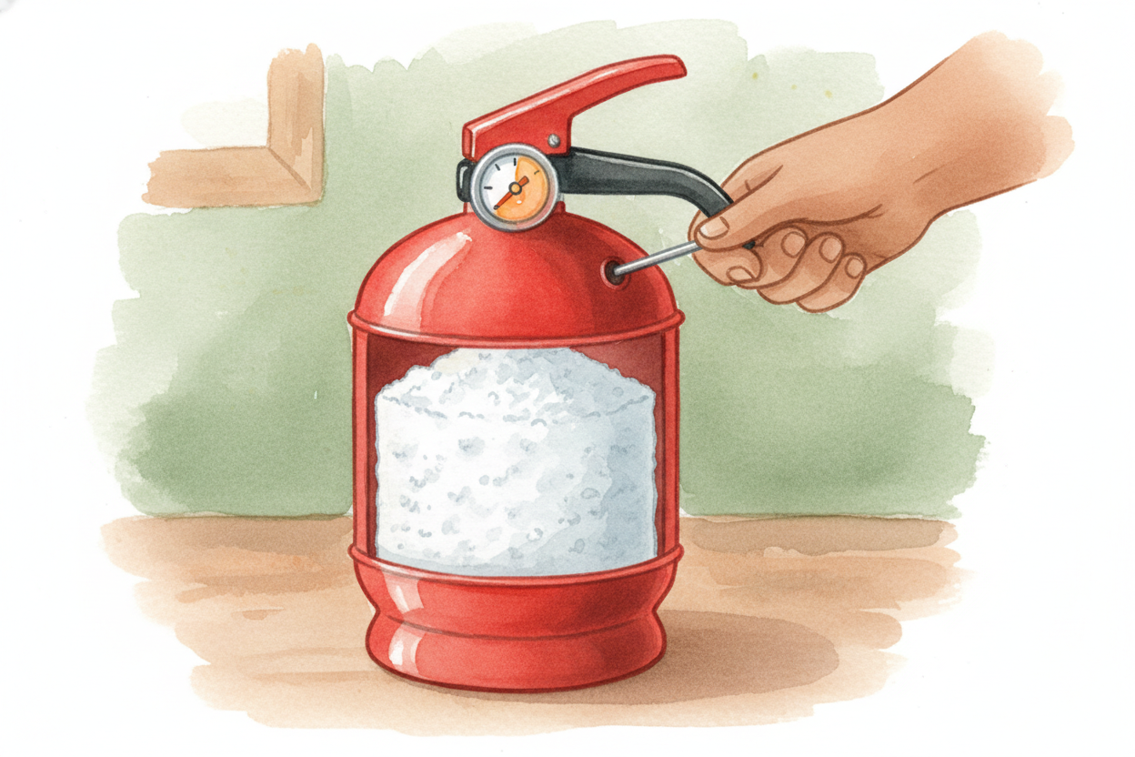 Inside a red fire extinguisher canister sits a powder or foam under serious pressure — **like a soda bottle that's been 
