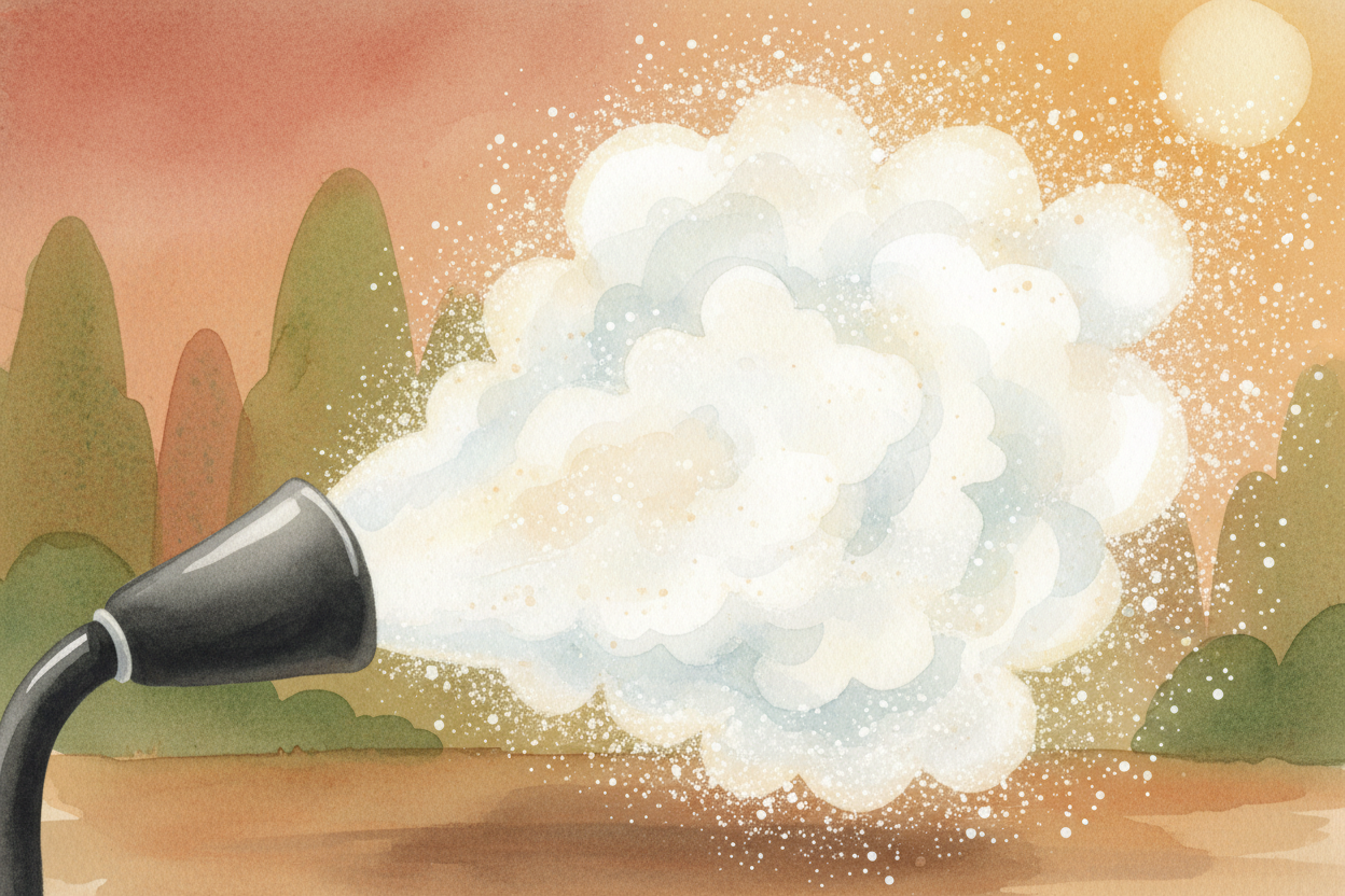 The most common type shoots out a cloud of white powder — usually something called ++monoammonium phosphate++. It sounds