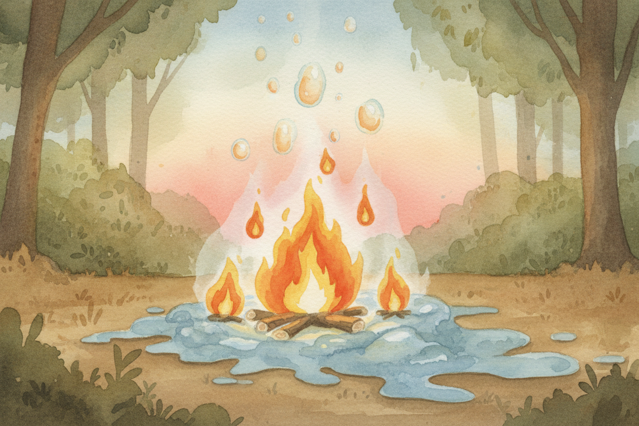 Second, the powder releases chemicals when it heats up. These chemicals are **heavier than air**, so they sink down and 