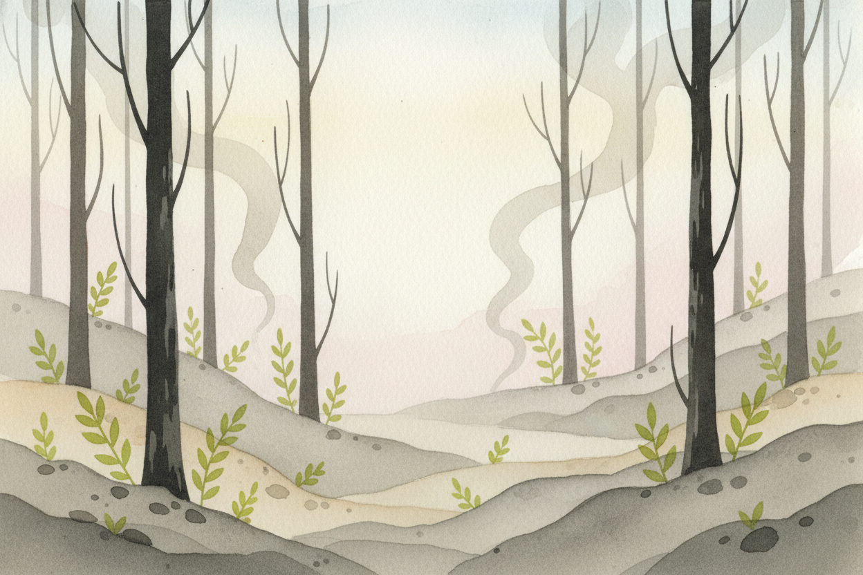 After a wildfire sweeps through, the forest looks like a ~~black-and-gray graveyard~~. Charred tree trunks stand like **