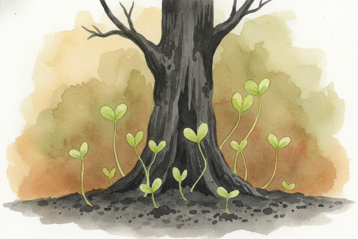 Underground, roots that survived the fire ~~wake up~~. Many trees and shrubs keep buds tucked safely below the soil surf