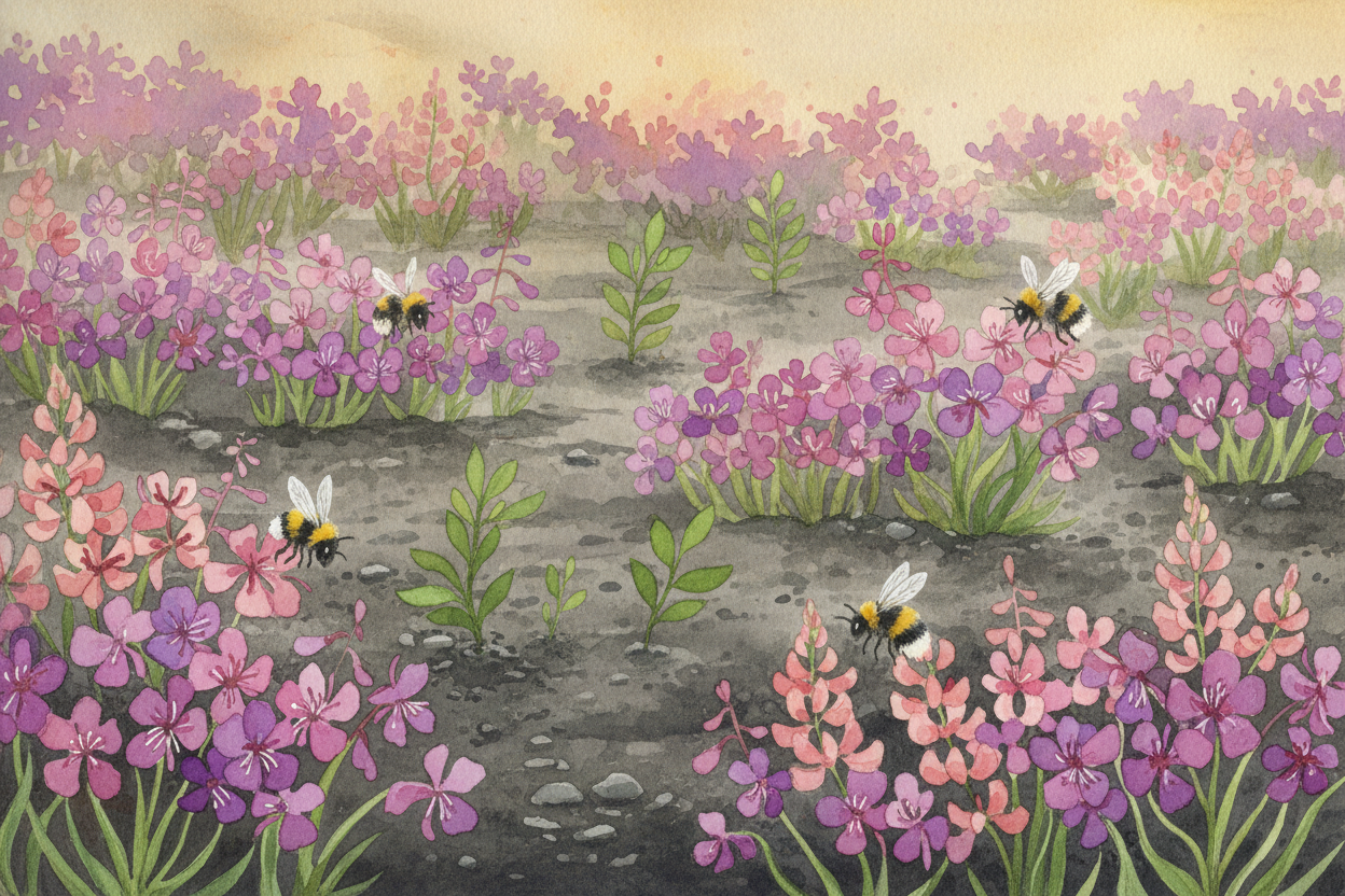 The first plants to return are the colonizers: ++fireweed++, ++lupines++, wild raspberries. They grow fast, have purple 