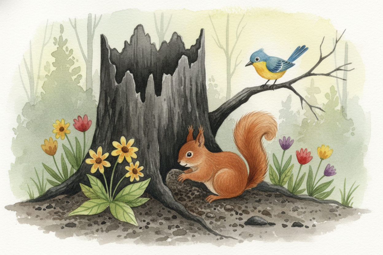 Birds and squirrels are the **delivery service**. They fly or scamper in from nearby unburned forest, carrying seeds in 