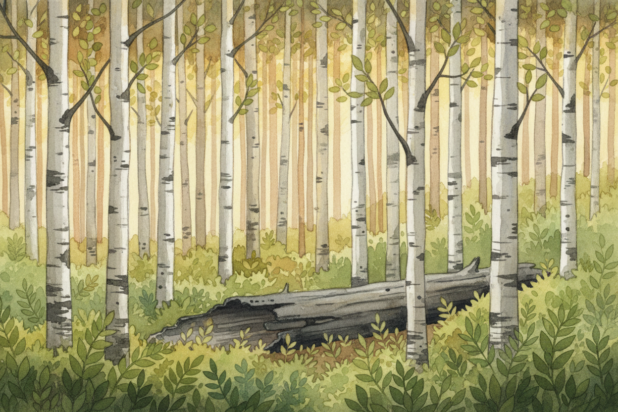 Young trees **shoot up fast** in all that sunlight — the old canopy that used to shade them is gone. Aspens and birches 