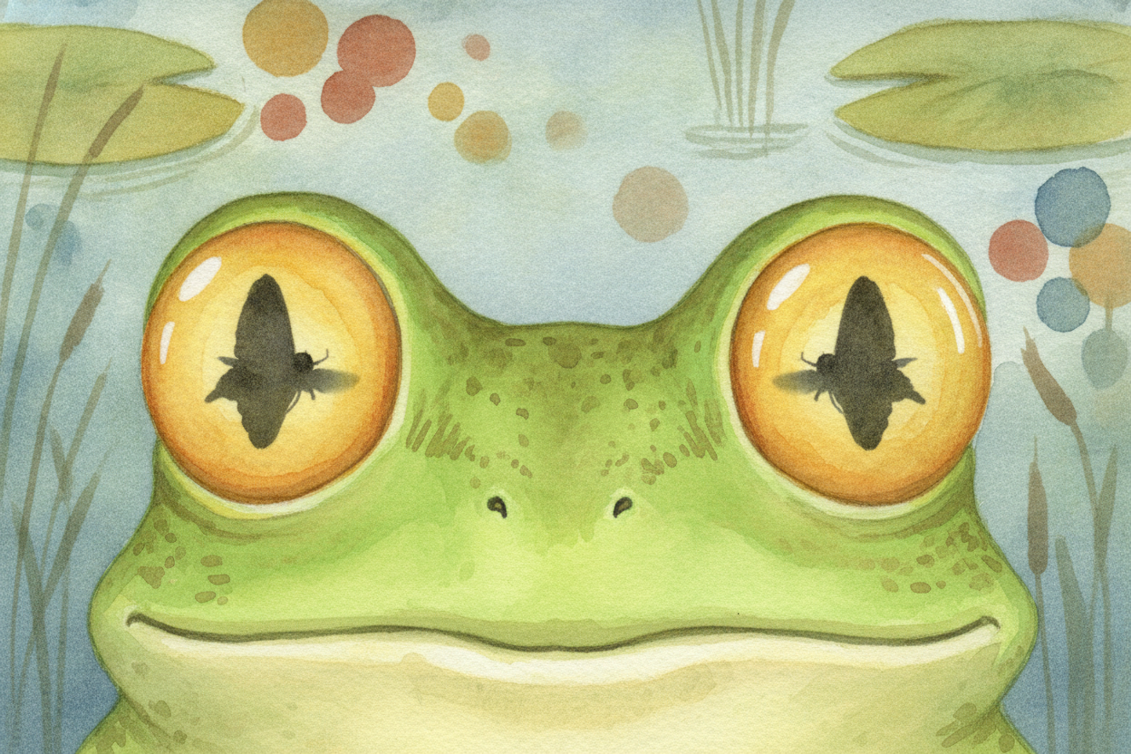 First, the frog has to **spot dinner**. Frogs are brilliant at seeing movement — a bug sitting perfectly still can be *a