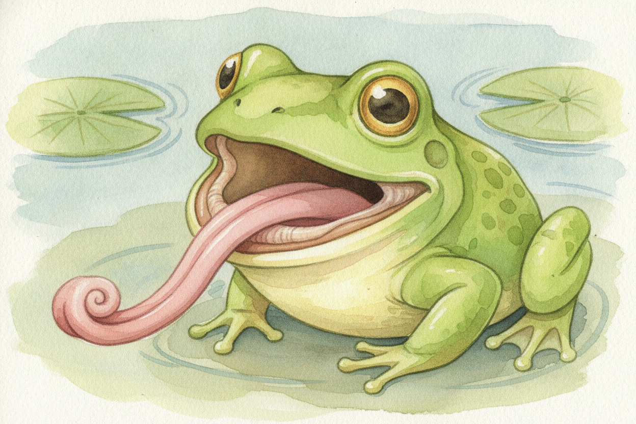 Then comes the tongue — ~~the real star of the show~~. A frog's tongue is folded up and **attached at the FRONT of its m