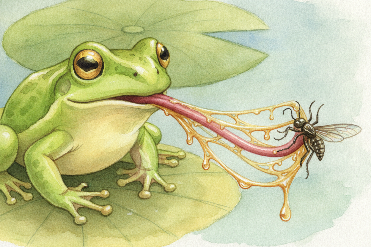 ~~But squishy alone won't hold a wriggling bug.~~ So the tongue is coated in spit — but *not ordinary spit*. Frog saliva