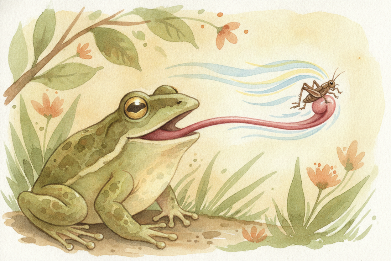 Now the tongue ~~snaps back~~, carrying the bug along for the ride. The whole grab-and-return happens **faster than you