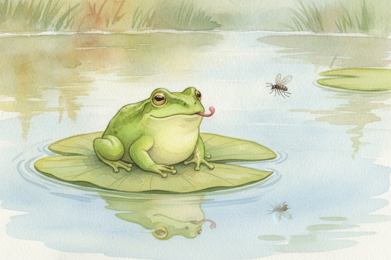 ~~And just like that~~ — the frog is a statue again. Still as a rock. Patient as ever. The lily pad is calm, the pond is