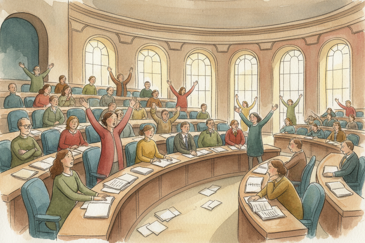~~Now comes the wild part:~~ debate. The bill goes to a room full of other legislators, and they **argue about it**. Som