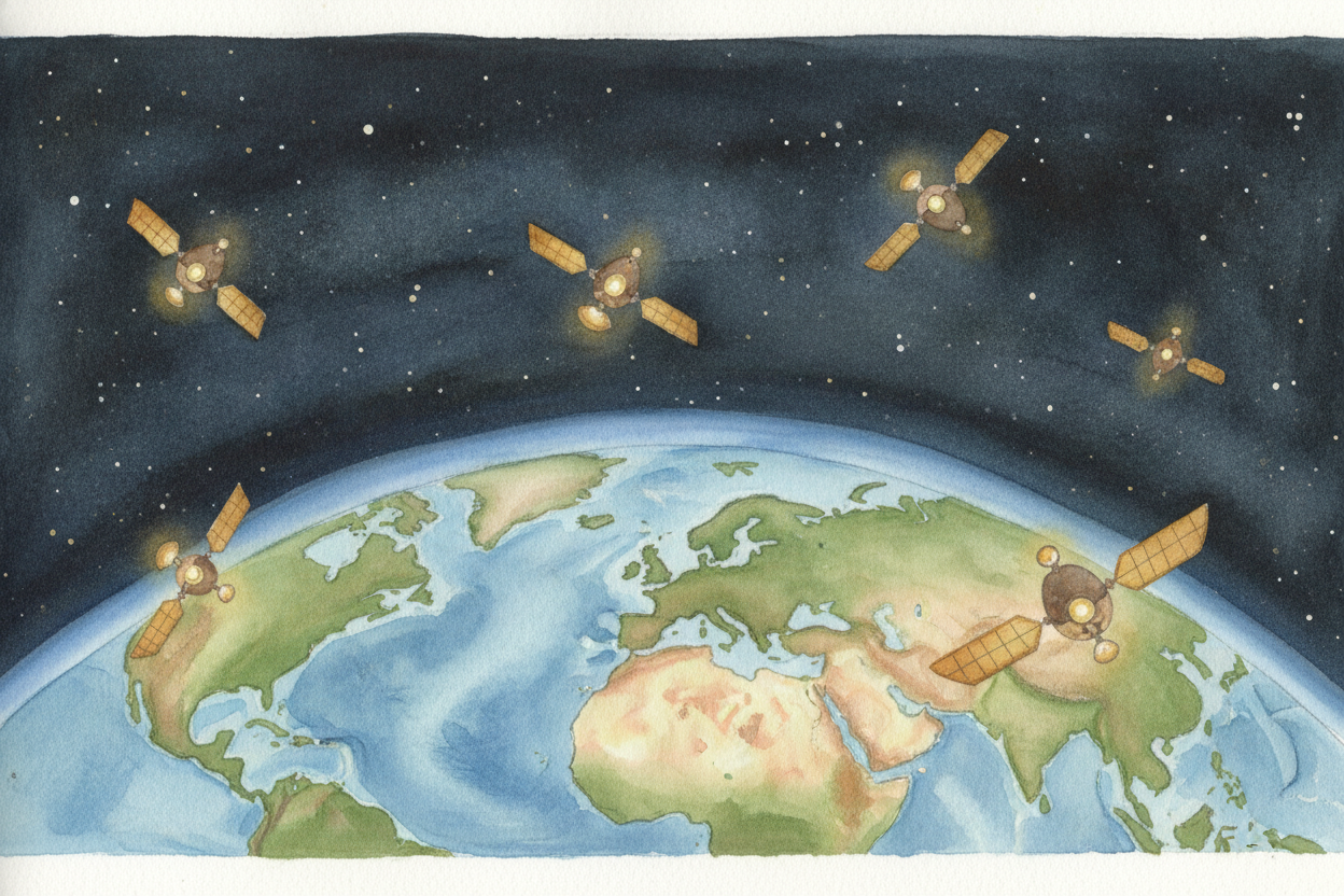 Way up above you — **about 20,000 kilometers up** — there are dozens of satellites circling the Earth. They don't beam a
