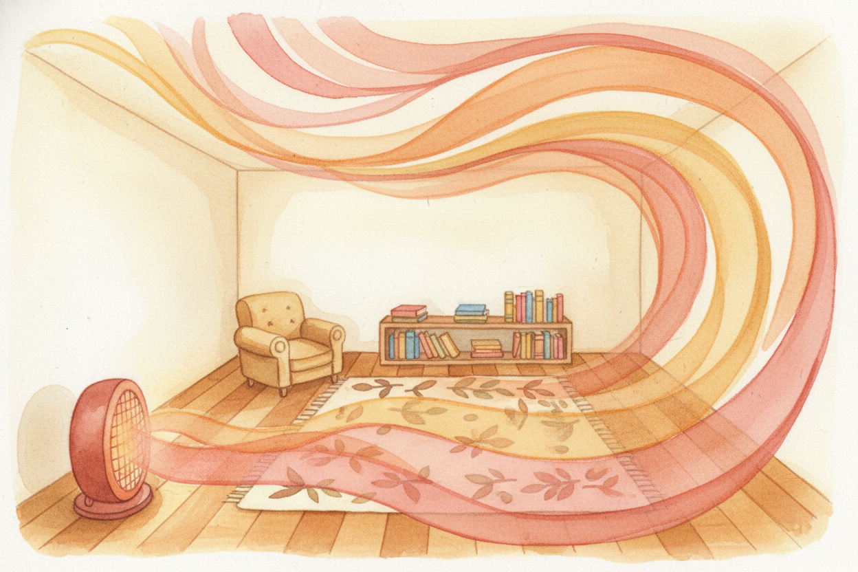 This is convection — **heat hitching a ride on moving air**. The hot air spreads across the ceiling, cools down a bit, t