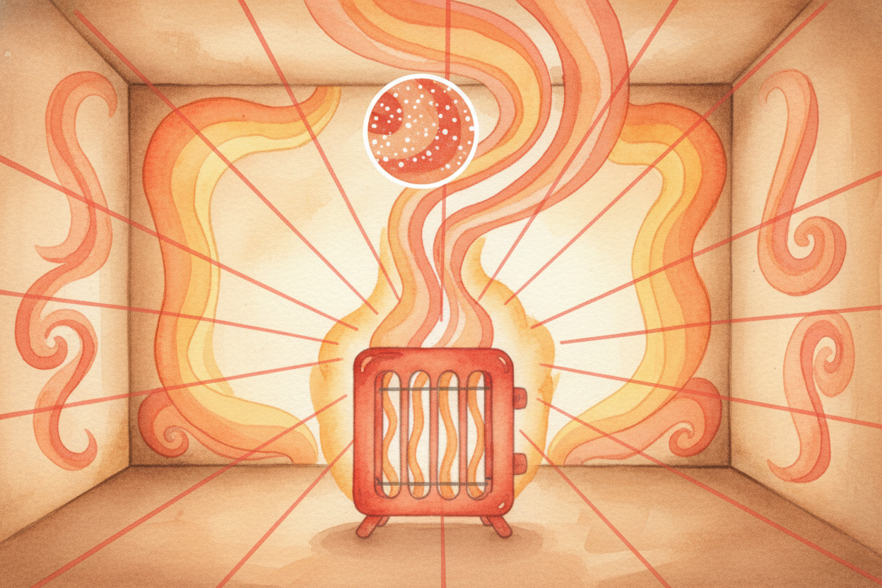 So the heater warms the room in **three acts at once**. ++Conduction++ heats the air right at the coils. ++Convection++ 