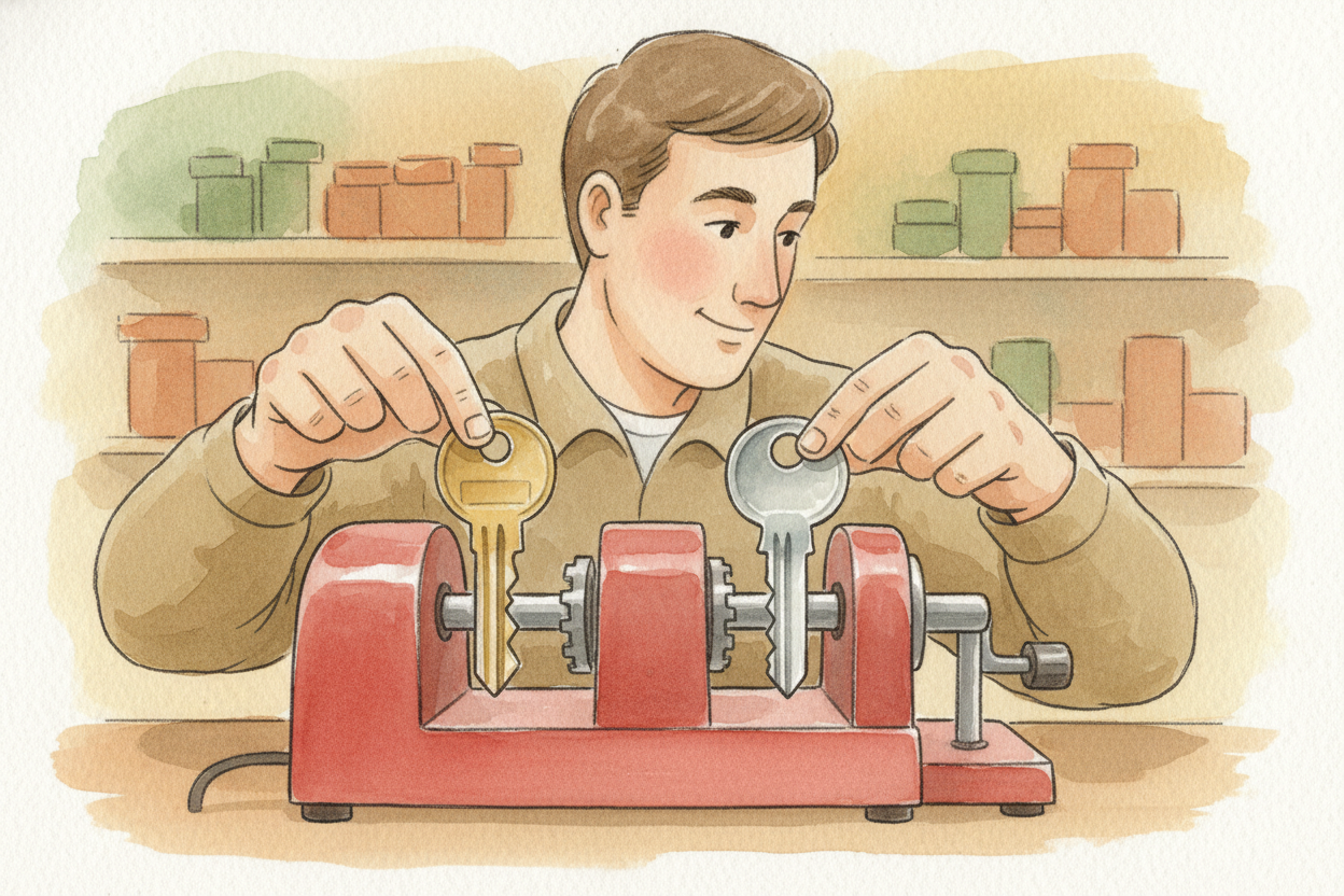 The worker slides your original key into one side of the machine and clamps a blank key — **smooth and flat, no cuts yet