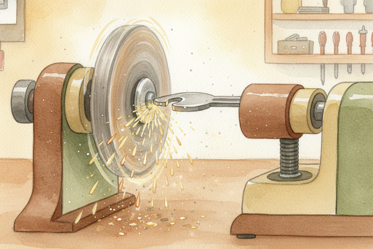On the other side, a spinning grinding wheel — ~~basically a tiny circular saw~~ — presses against the blank key. **What