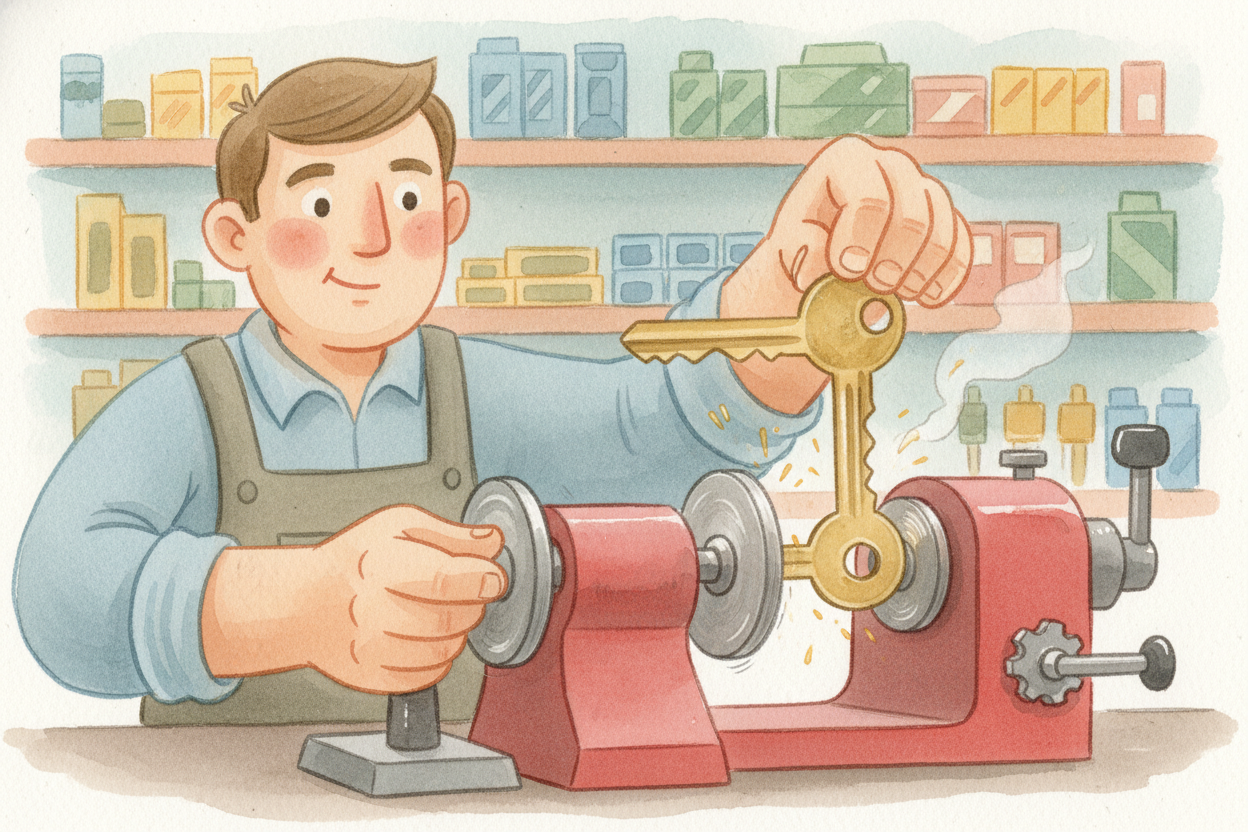 The worker slowly moves both keys forward through the machine together. The guide wheel keeps reading the original's pat