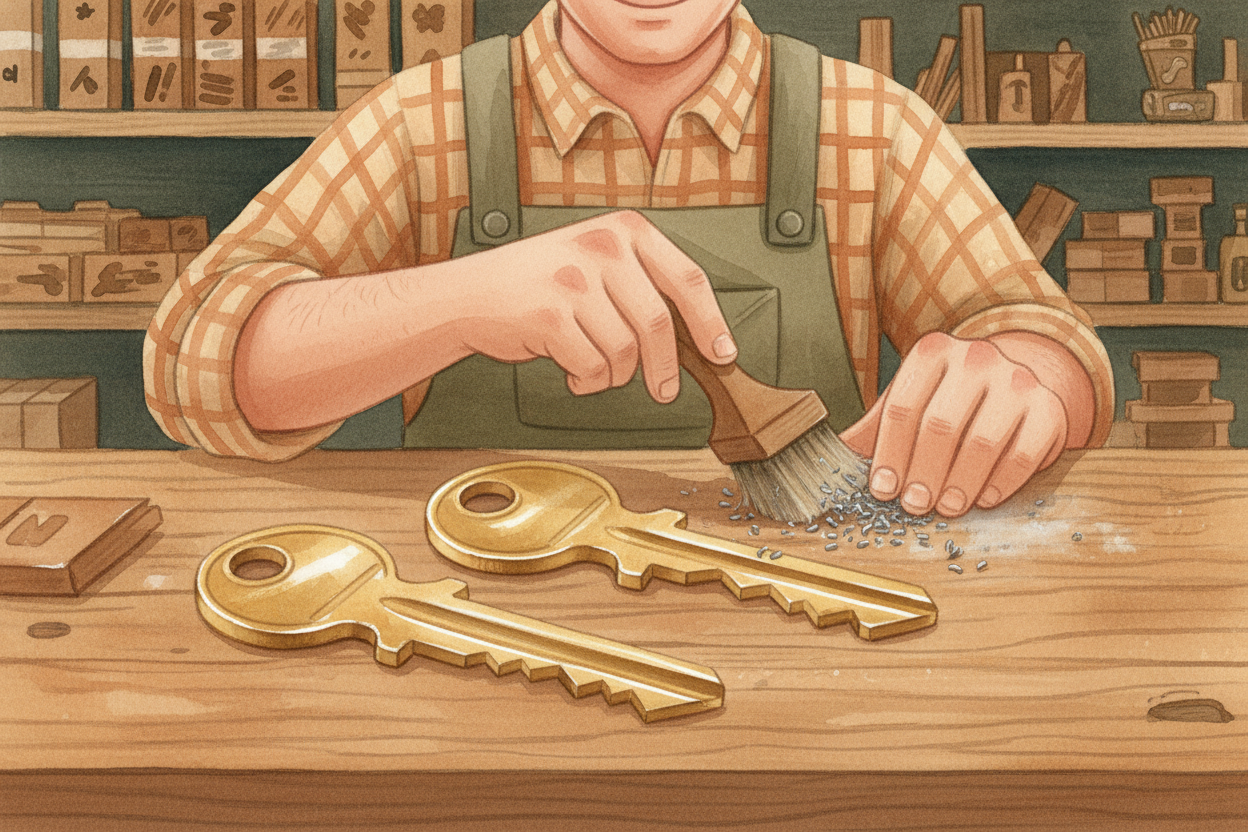 ~~After one pass through the machine~~, the worker pulls out both keys. The new key now has the same zigzag pattern as t