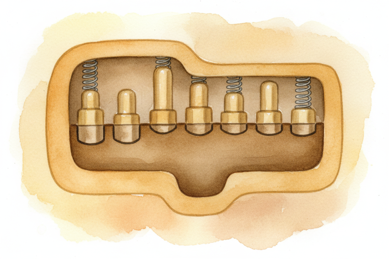 Inside the lock, hidden pins are stacked like **tiny metal columns**. Each pin has *two parts*: a bottom pin that touche