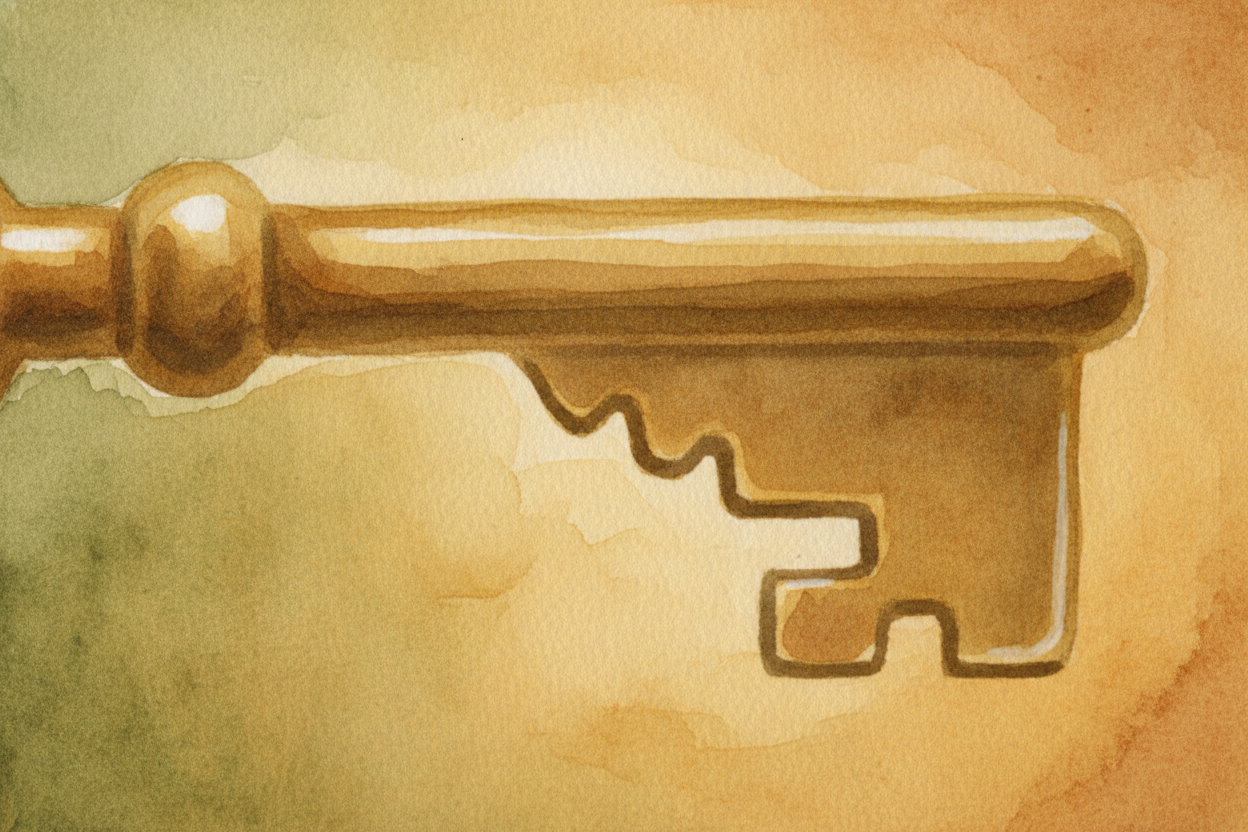 Your key has a bumpy, notched edge — a **secret code cut into metal**. Each notch is a different height, like *steps goi