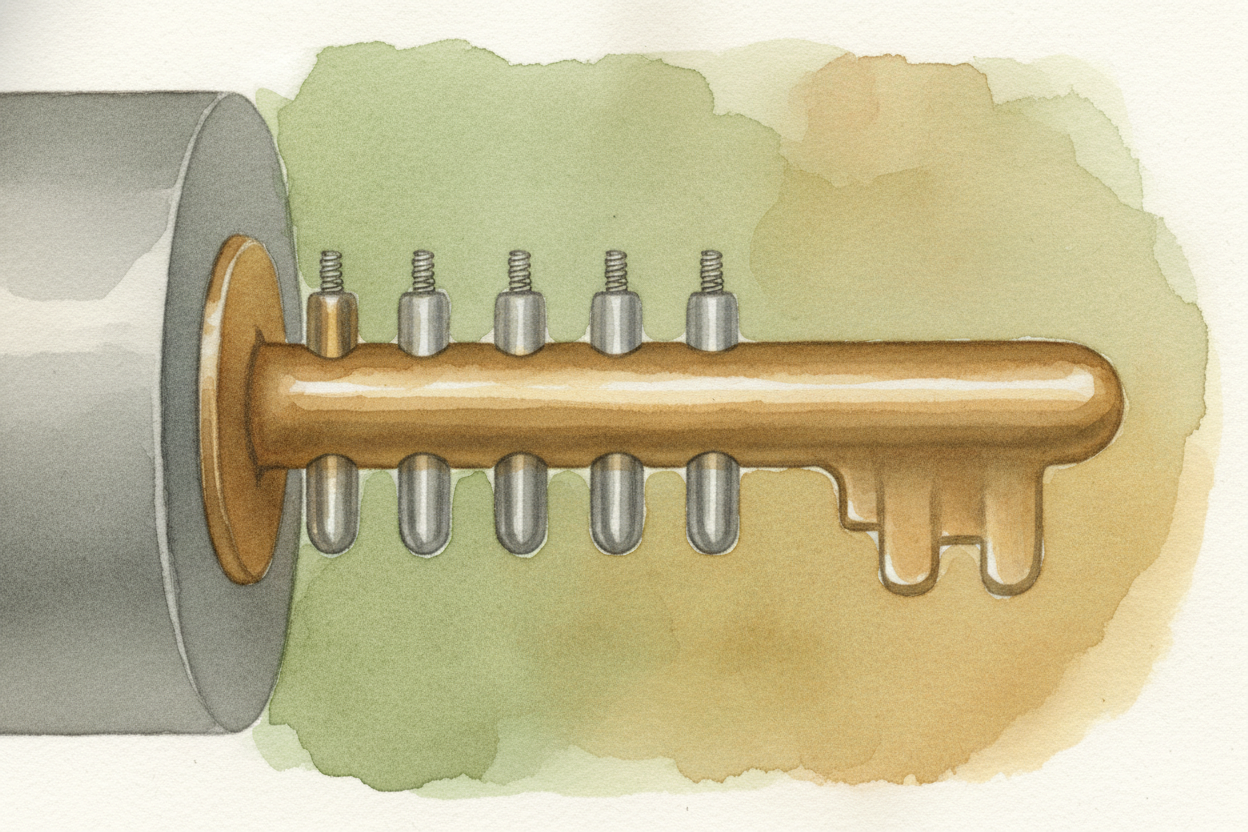 ~~Here's the magic:~~ the right key pushes each bottom pin up **exactly the right amount**. When every bottom pin lifts 