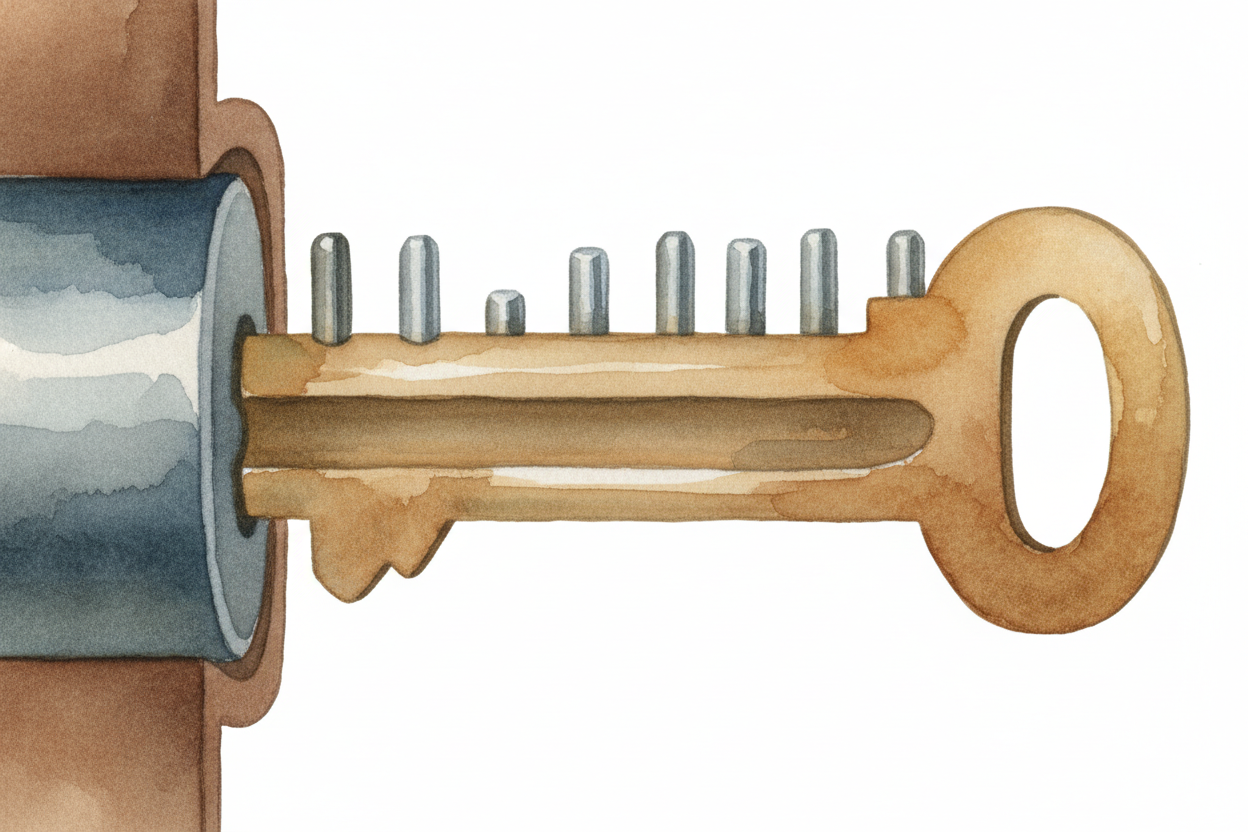 A wrong key has the **wrong notches**. It pushes the pins to the wrong heights — some pairs split too high, some too low