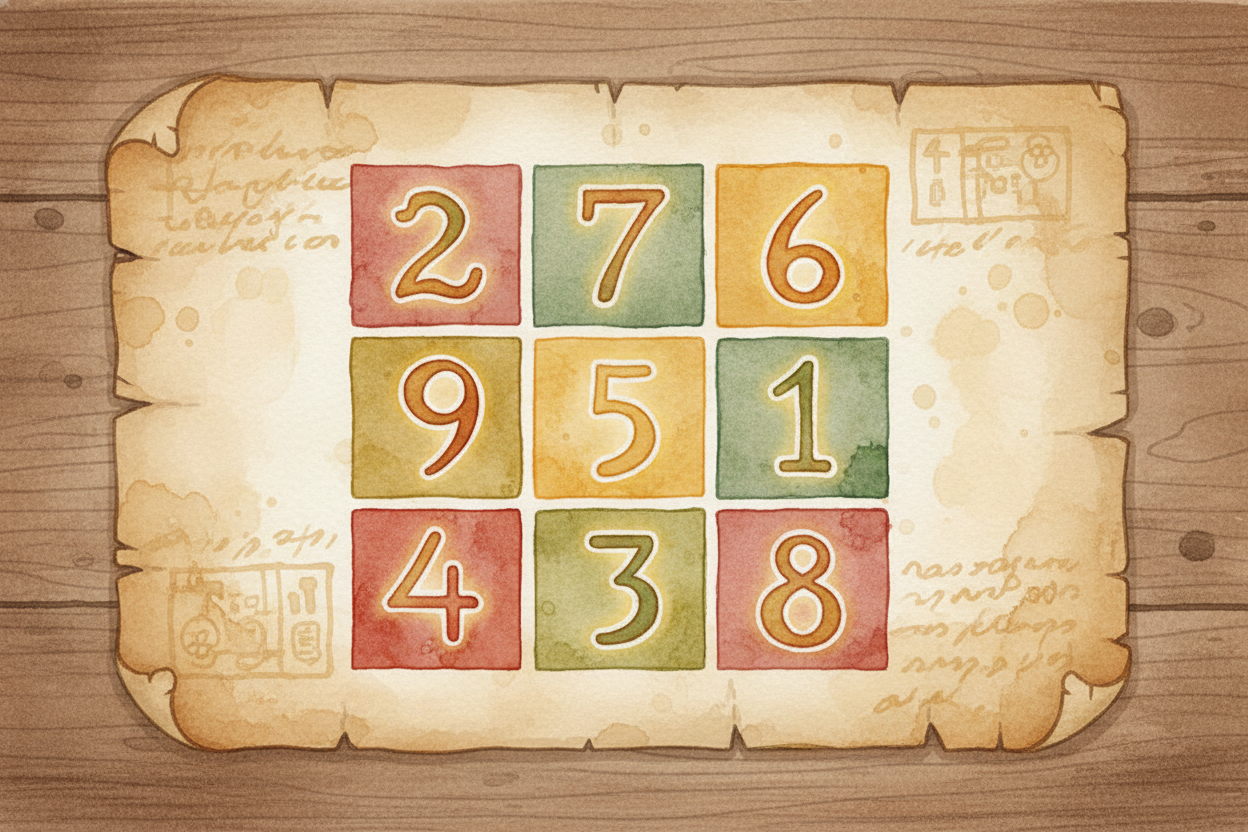 Look at this grid of numbers. Every row adds up to 15. Every column adds up to 15. Even the diagonals add up to 15! ~~Ho