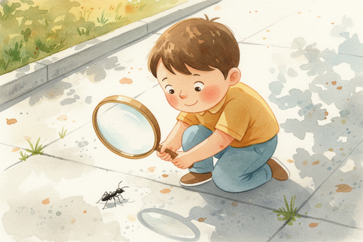 You hold a magnifying glass over an ant, and suddenly the ant looks huge — legs like toothpicks, antennae waving like ti