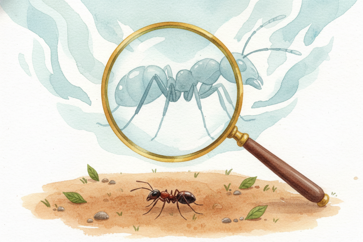 But **tracing bent rays backward** makes your brain think the light started from a much bigger ant, farther away. Your b