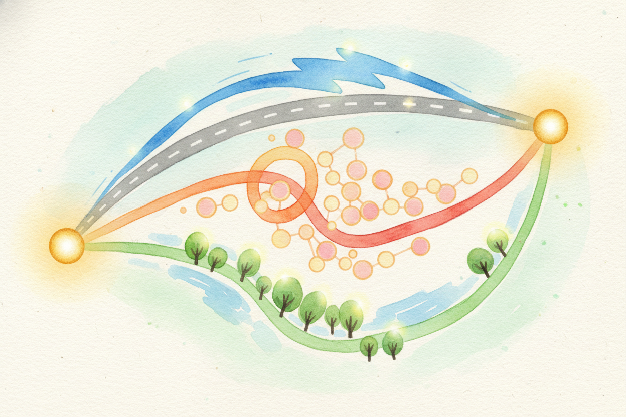 Sometimes the app offers you three routes: the fastest, the one with no highways, the scenic one. ~~It's not finding thr