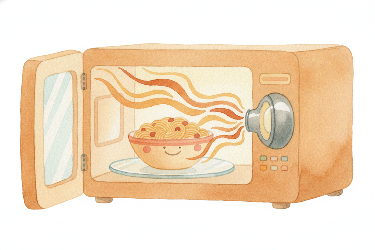 Inside the microwave's metal box lives a gadget called a ++magnetron++ — a tube about **the size of a flashlight**. When