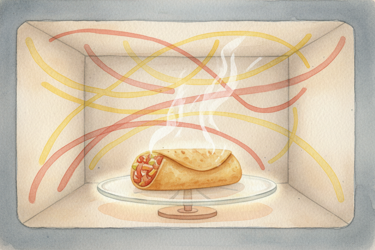 The microwaves **bounce around inside the metal walls like a rubber ball in a racquetball court** — ~~they can't escape~