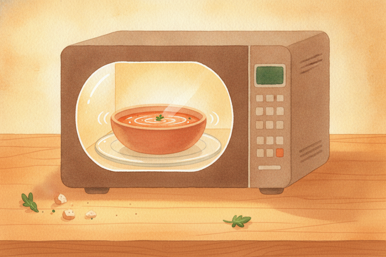 You press a button, the box hums, and thirty seconds later your soup is steaming. ~~No flame, no glowing coils, no fuss.