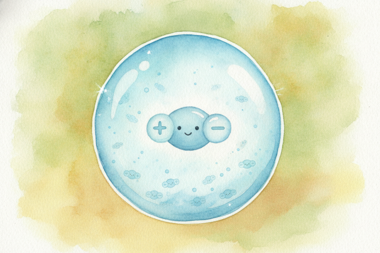 To understand the trick, meet the ++water molecule++. Each one is a tiny **lopsided thing** — a bit positive on one end,