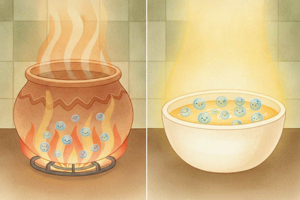 ~~This is why it's so fast.~~ A stove heats the pan, the pan heats the bottom of the soup, and slowly the heat creeps in