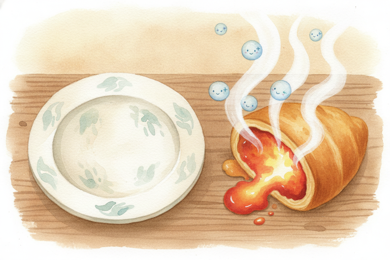 It also explains the mysteries. **A dry plate stays cool** — no water to spin. The middle of a hot pocket ~~scorches you