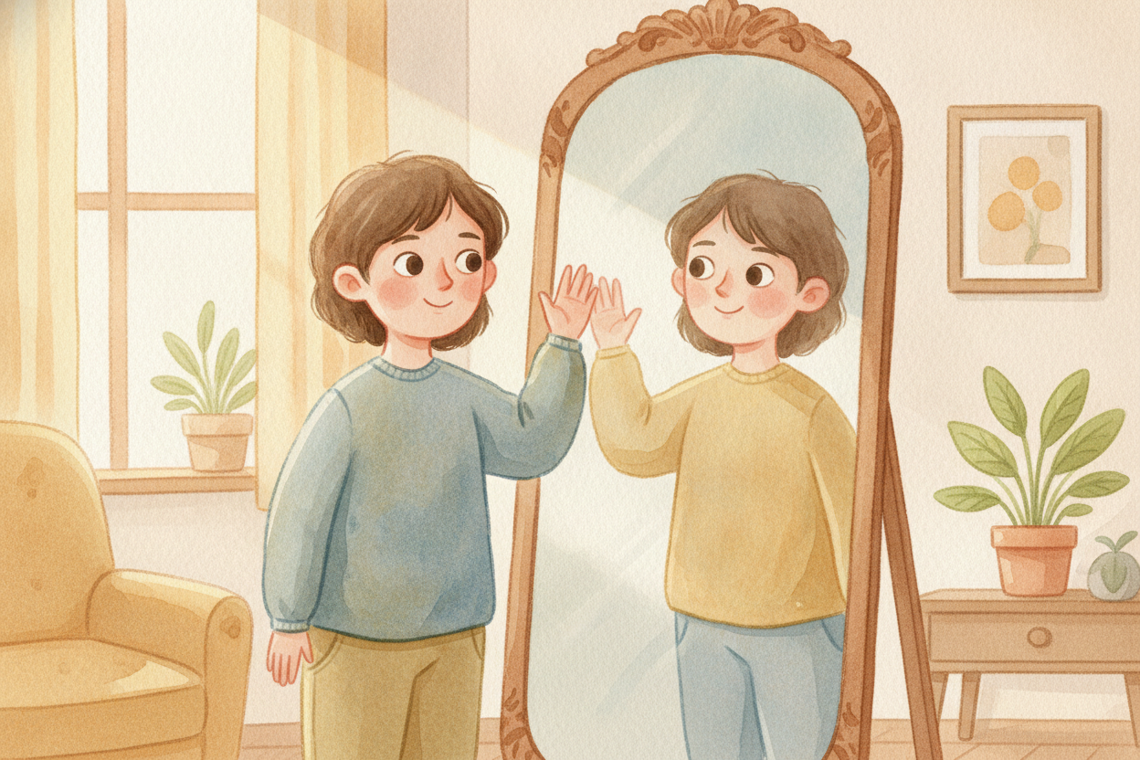 Every morning you walk up to a flat sheet of glass, and there you are — same nose, same wild hair, waving back. It feels