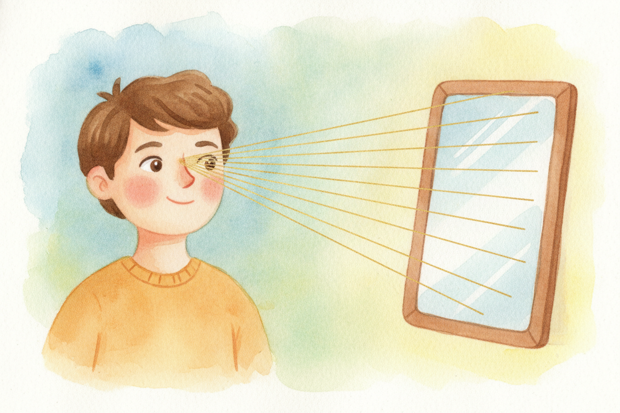 ~~So picture~~ the light leaving your face. It travels to the mirror in a neat pattern — your nose-light, your eye-light