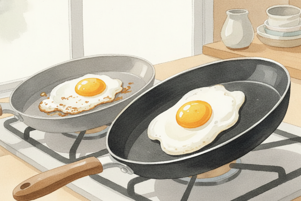 You crack an egg into a regular pan, and within seconds it's ~~welded to the metal like it signed a lease~~. But crack t
