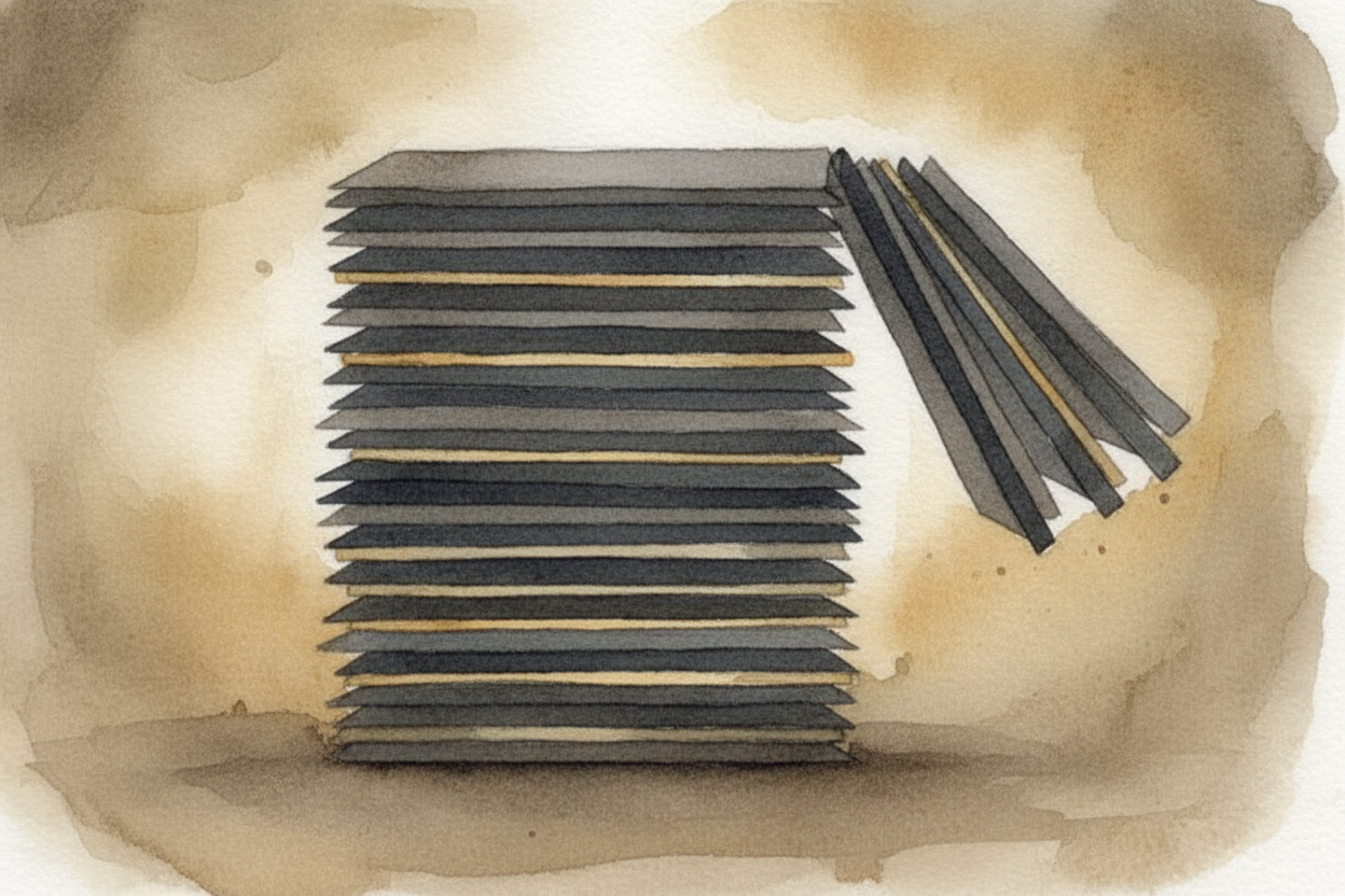 ~~Zoom way, way in~~, and you'd see that graphite is built like a **stack of paper-thin sheets**, *millions of them* lay