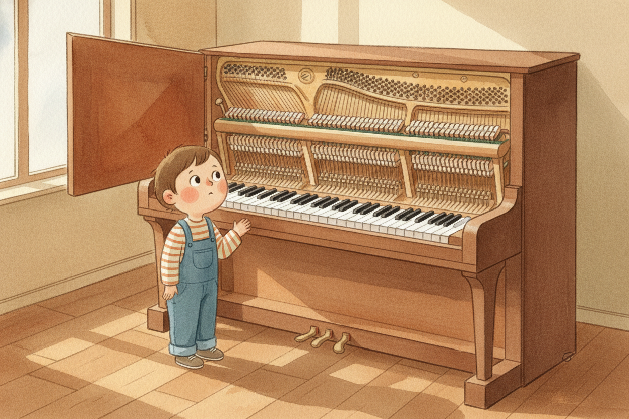 So when you press a key, you're setting off a chain reaction: ~~key tilts, hammer flies, string buzzes, soundboard booms