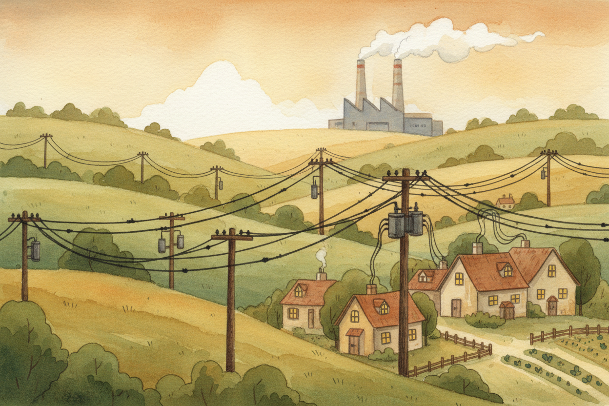 ~~Why wiggle instead of flow?~~ Because the power plant is far away — sometimes **hundreds of miles** — and AC electrici