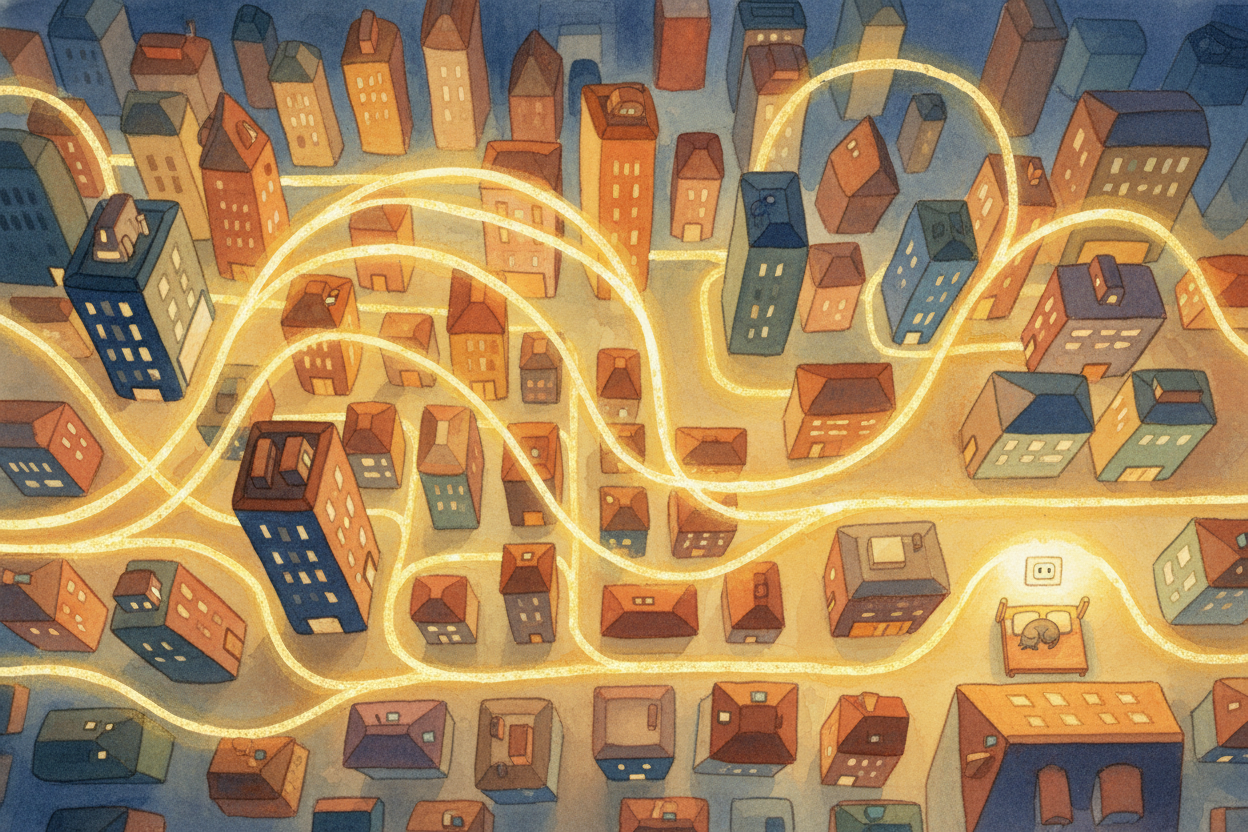 So every time you plug something in, you're tapping into a vast network — power plants, transformers, miles of cable, al