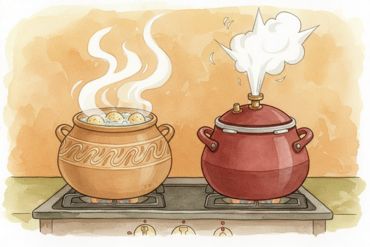 You drop potatoes into boiling water and wait. And wait. And wait some more. But put those same potatoes in a pressure c