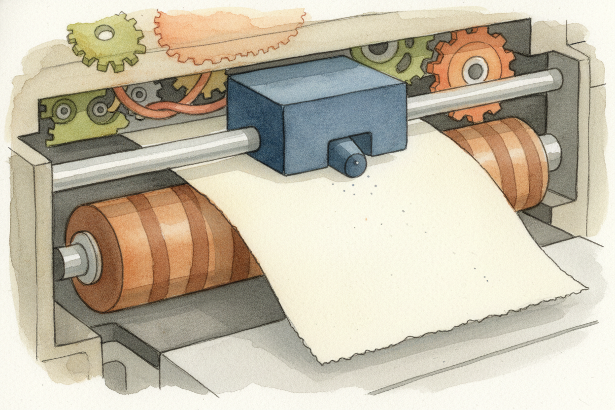 Meanwhile, the paper is moving. A rubber roller grabs the paper and pulls it through the printer in **tiny, precise step