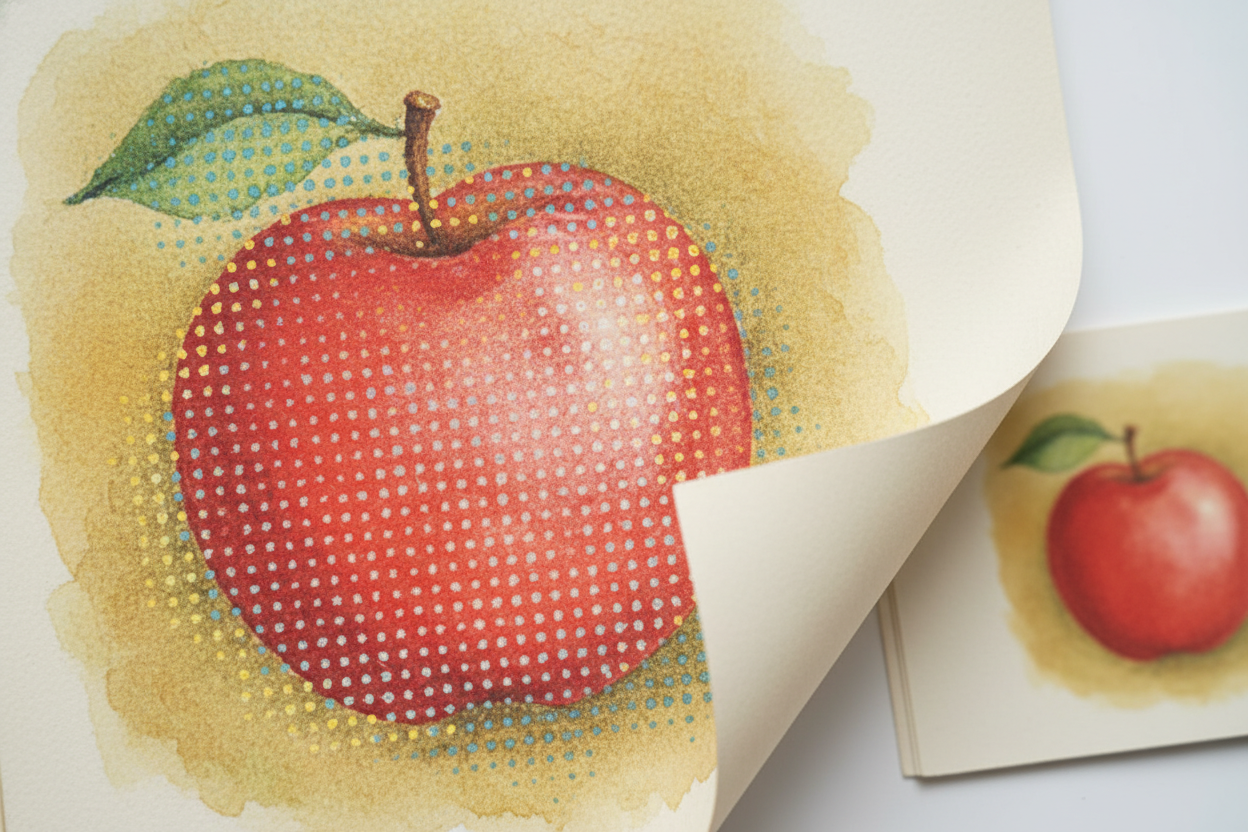 The dots blend together to fool your eye. Black text is easy—just black dots. But what about a photo of a red apple? The